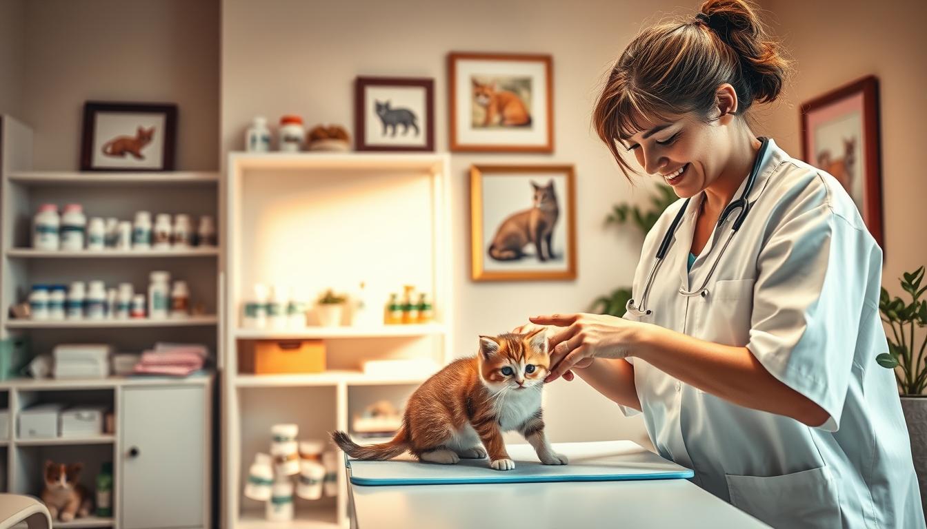 A cozy veterinary clinic interior, flooded with warm, soft lighting. In the foreground, a friendly veterinarian examines a fluffy kitten on an examination table, their gentle hands checking the kitten's vital signs. Shelves in the middle ground display an array of kitten healthcare supplies - medicines, bandages, toys. The background features soothing pastel walls, framed animal artwork, and a potted plant, creating a calming, nurturing atmosphere. The scene conveys a sense of care, expertise, and the loving attention kittens require for their optimal health and wellbeing.