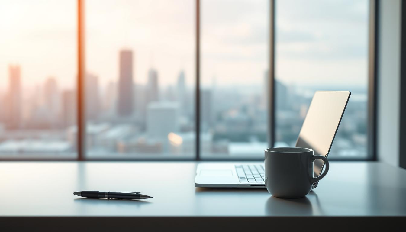 A tranquil scene of data privacy and personalization. In the foreground, a serene, minimalist desktop with a sleek laptop, an elegant pen, and a cup of coffee. In the middle ground, a large window overlooking a vibrant city skyline, hinting at the digital landscape beyond. The background is softly blurred, creating a sense of depth and focus on the central elements. The lighting is warm and diffused, evoking a sense of comfort and security. The overall mood is one of balance, control, and the harmonious integration of technology and personal space.