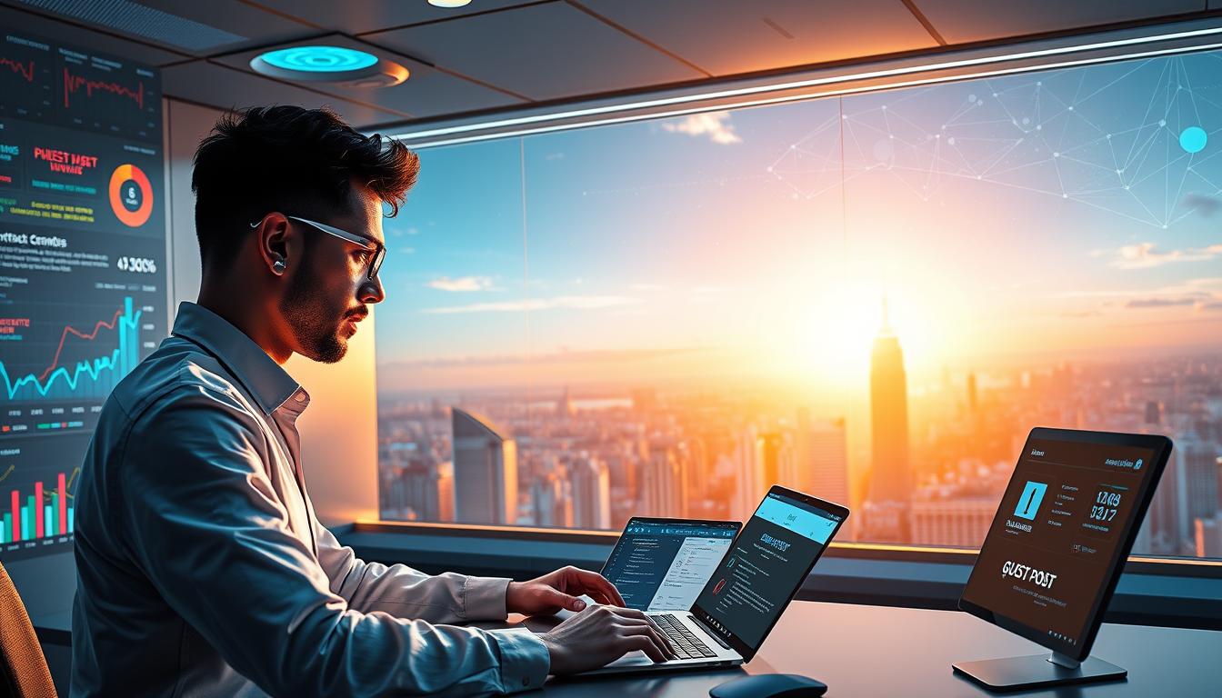 A futuristic scene depicting the evolving guest posting trends in 2025. A sleek, minimalist workspace with holograms, digital interfaces, and advanced analytics tools. In the foreground, a person intently studying guest post performance data, surrounded by colorful graphs and charts. The middle ground features various guest post submission platforms, each with unique branding and features. The background showcases a panoramic view of a bustling, hyper-connected city, representing the global reach and impact of guest posting in the digital era. The scene is bathed in a warm, futuristic glow, conveying a sense of progress, innovation, and the transformative power of content marketing strategies.