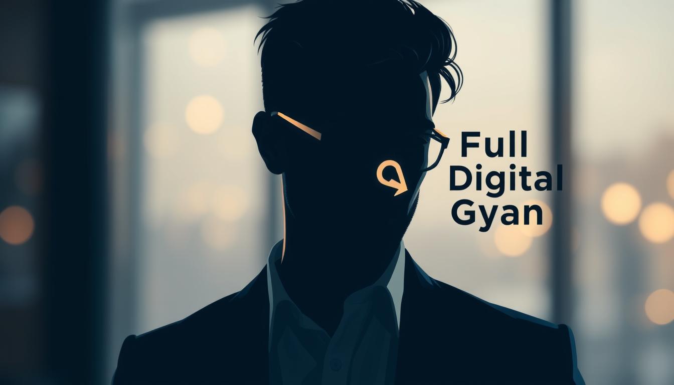 A detailed profile image and logo illustration featuring a stylized human silhouette with subtle abstract elements, clean typography, and a minimalist design aesthetic. The composition should convey a sense of professionalism, digital expertise, and personal branding. The image should have a soft, warm lighting setup with a subtle depth of field, creating a polished and visually appealing final product. The color palette should be muted and sophisticated, using a combination of blues, grays, and metallic accents to reflect the "Full Digital Gyan" brand identity.