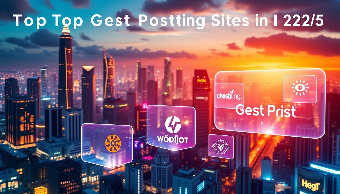 A vibrant and futuristic digital landscape showcasing the top guest posting sites in India for 2025. The scene depicts a bustling city skyline in the background, with towering skyscrapers and a vibrant, neon-lit cityscape. In the foreground, a series of holographic displays float, each showcasing the logos and branding of the most popular guest posting platforms. The displays are rendered with a sleek, high-tech aesthetic, casting a warm glow over the scene. The lighting is a combination of cool, futuristic tones and warm, inviting hues, creating a sense of modernity and innovation. The overall atmosphere conveys a sense of growth, opportunity, and the endless possibilities for Indian bloggers to expand their reach through strategic guest posting in the years to come.