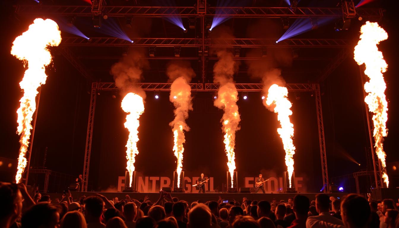 Spectacular finale with multiple stage flame machines creating dramatic effect