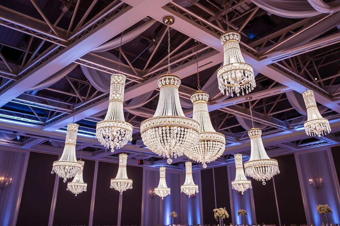 Suspended crystal chandeliers on truss hoists at UAE wedding trends 2025