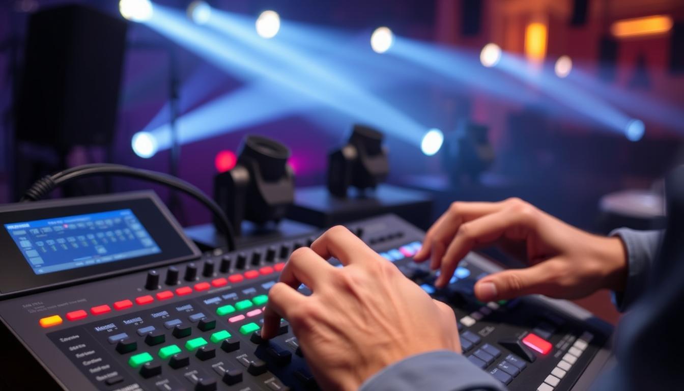 DMX controller being used to program moving head beam lights
