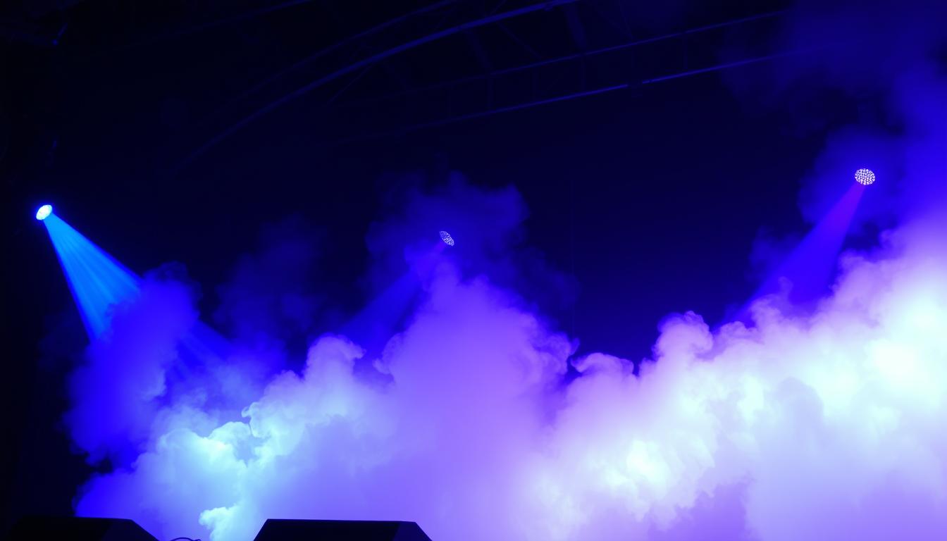 A fog machine in action creating thick clouds of fog on a dark stage with colorful lighting