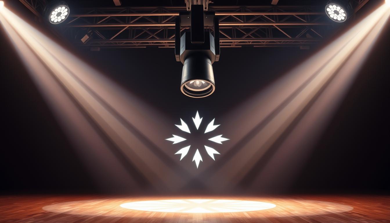 Spot moving head light projecting a focused pattern on stage, showing beam vs spot vs wash differences