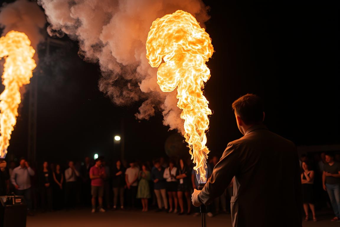 Flame machine operator maintaining safe distance from audience