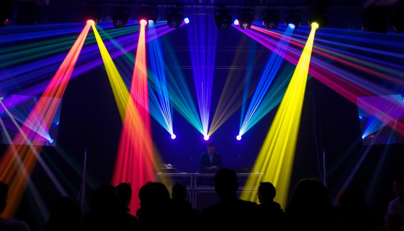 DJ booth with moving head lights synchronized to music creating an amazing atmosphere