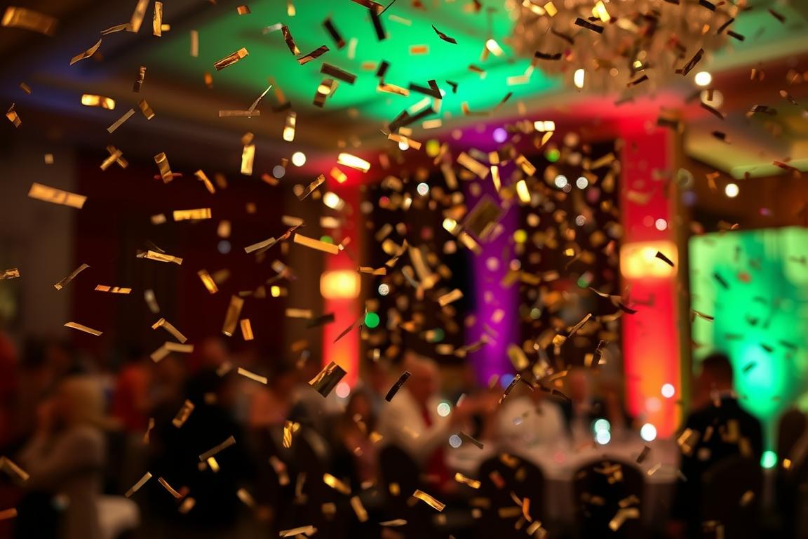 Metallic confetti creating a shimmering effect indoors
