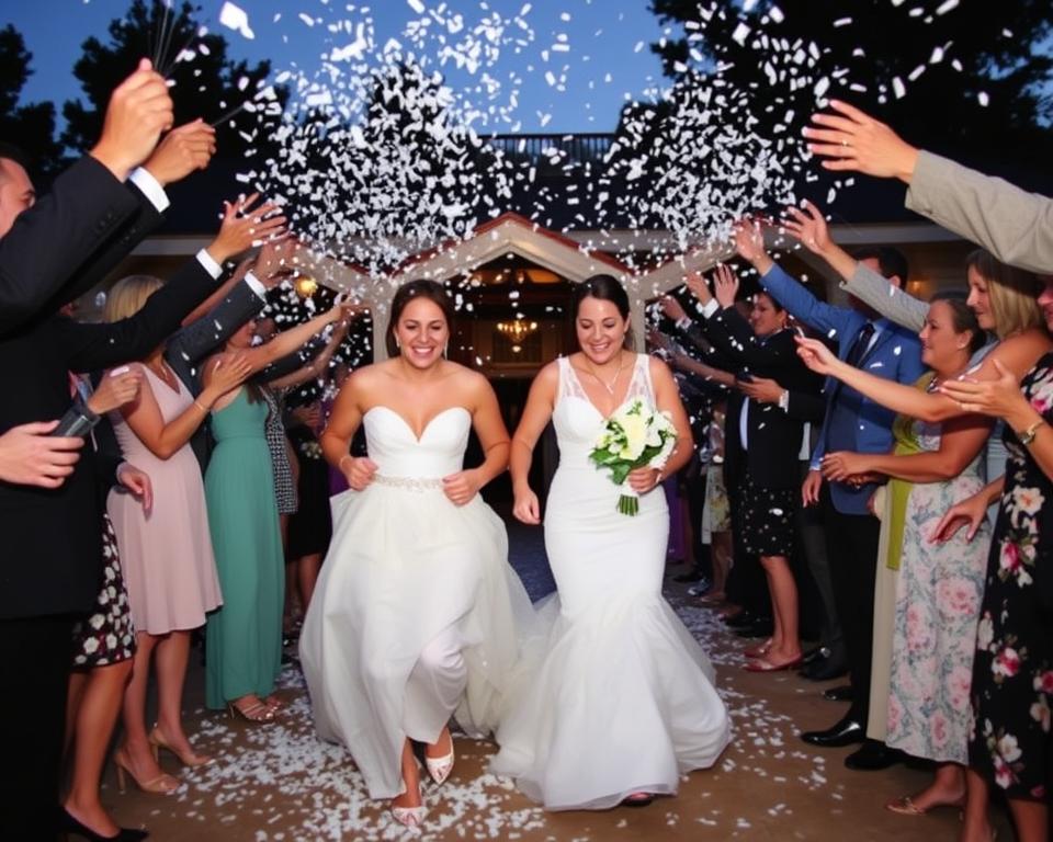 Wedding couple during grand exit with confetti machine shower