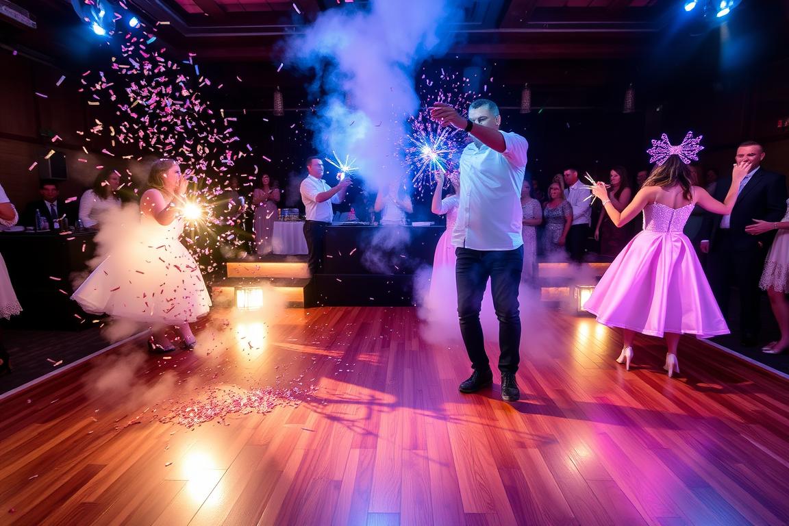 Wooden dance floor with entertainment elements like fog and confetti