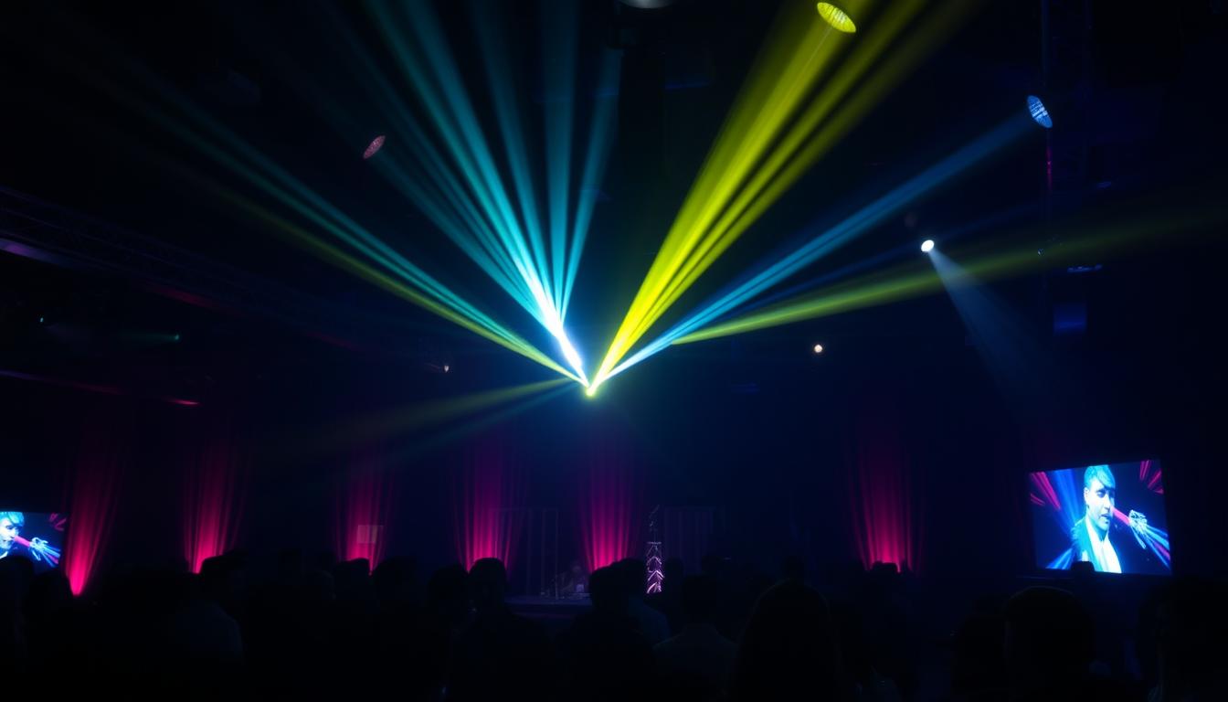 Event with poorly chosen moving head beam lights creating undesirable lighting effects