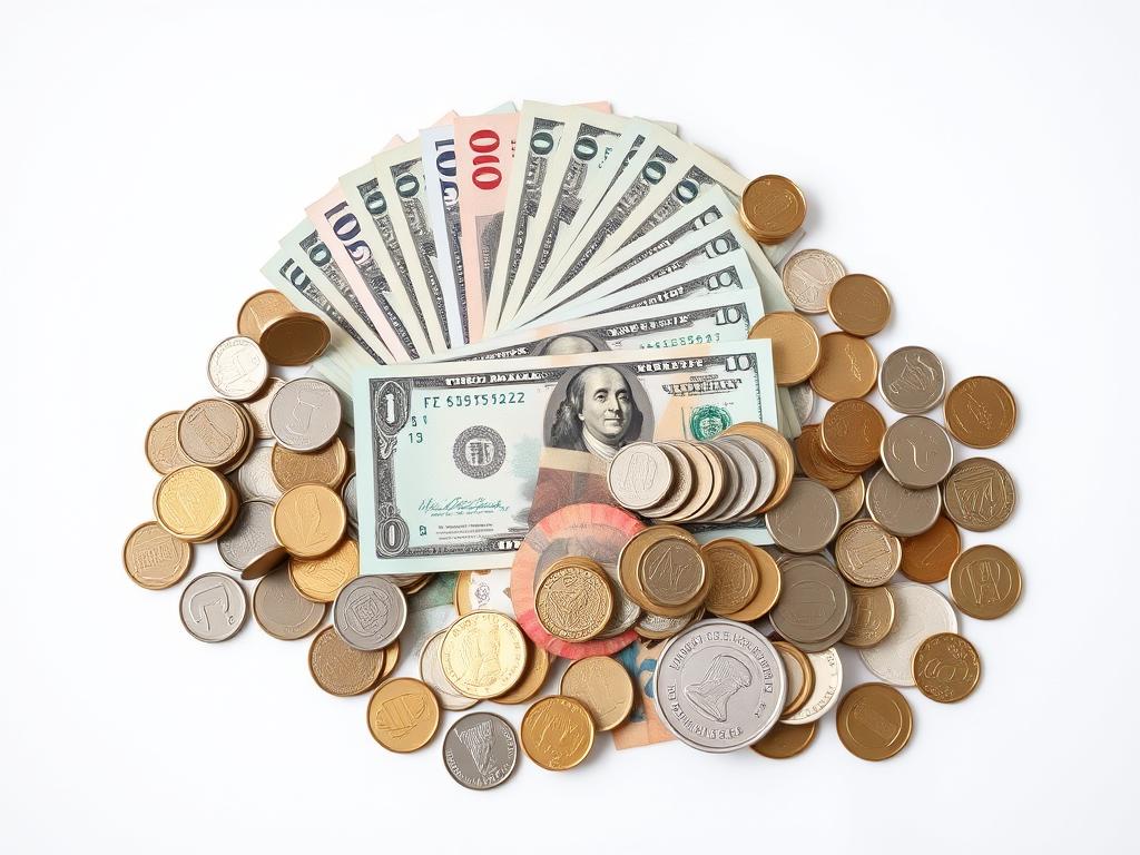 Traditional currency banknotes and coins from different countries