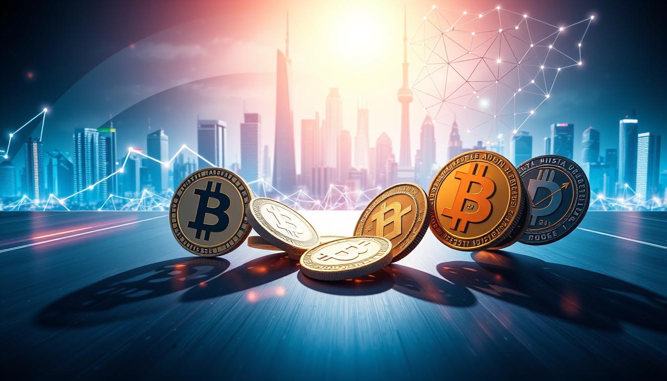 A vibrant, hyper-realistic digital illustration showcasing the dynamic interplay between Central Bank Digital Currencies (CBDCs) and cryptocurrencies. In the foreground, digital tokens representing CBDCs and cryptocurrencies clash and intertwine, casting sharp-edged shadows on a sleek, metallic surface. The middle ground features a network of intricate blockchain-inspired structures, their geometric patterns pulsing with energy. In the background, a cityscape of towering skyscrapers and futuristic architecture serves as a backdrop, hinting at the broader economic and technological landscape. The scene is illuminated by a cool, cyberpunk-inspired lighting, creating a sense of technological sophistication and innovation. The overall composition conveys the evolving relationship between these two financial systems and their potential impact on exchange rates.