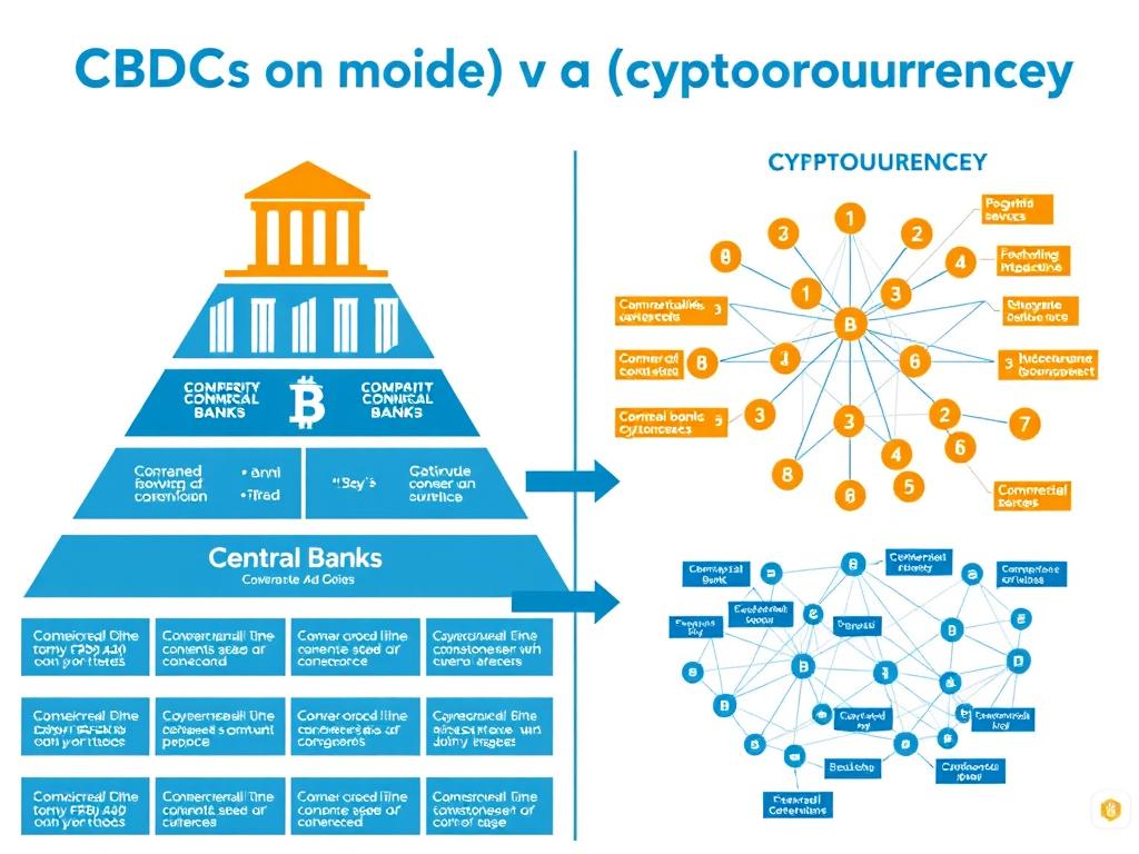 Governance models of CBDCs vs. Cryptocurrency showing centralized vs decentralized structures