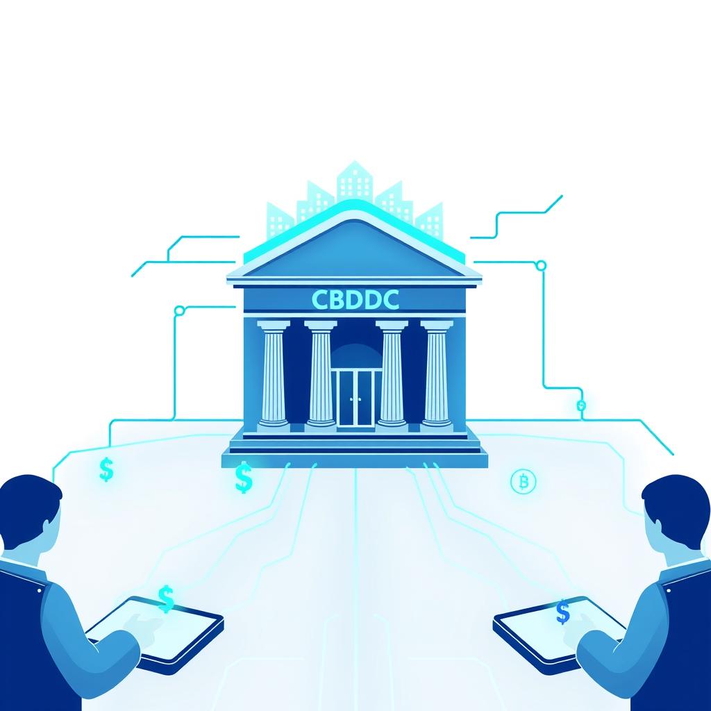 Conceptual illustration of CBDC technology showing digital currency flow between central bank and users