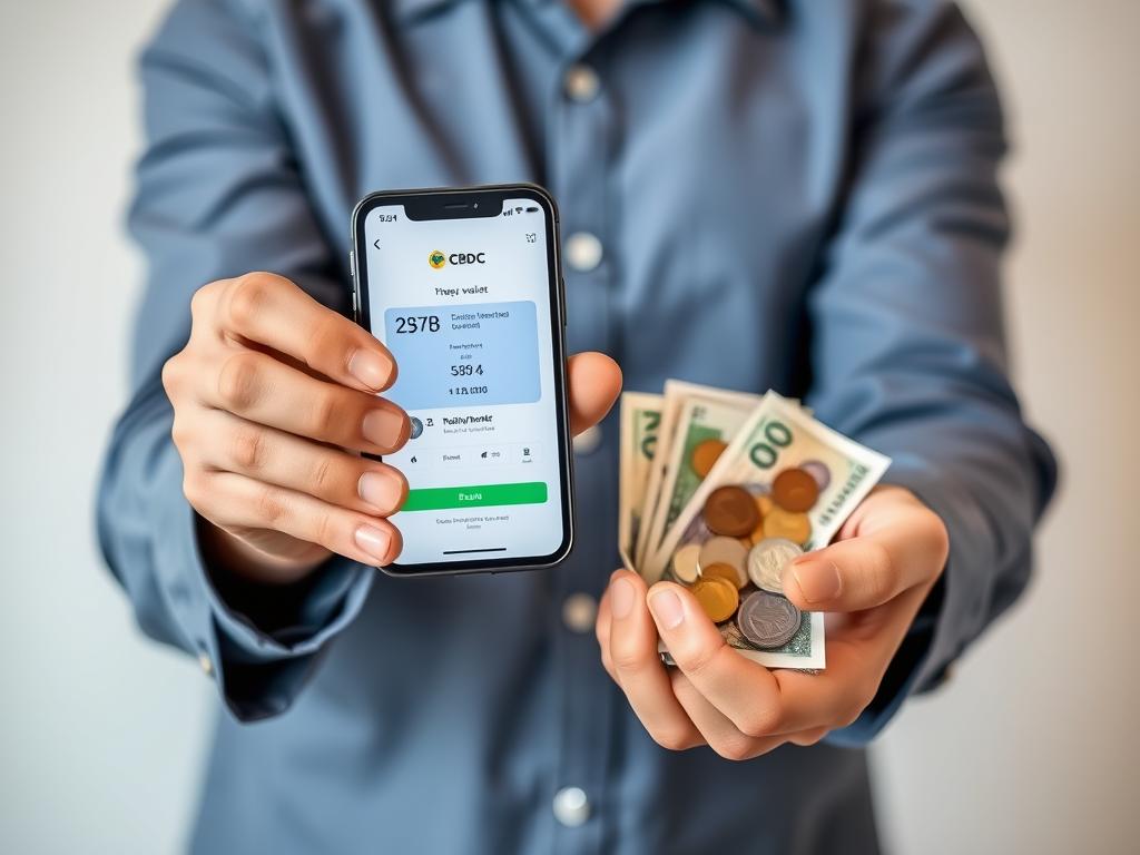 Person holding both smartphone with CBDC app and traditional cash