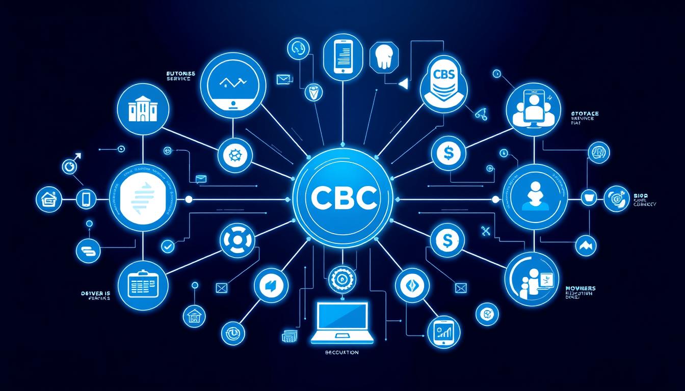 Futuristic visualization of digital currency ecosystem with CBDC at center