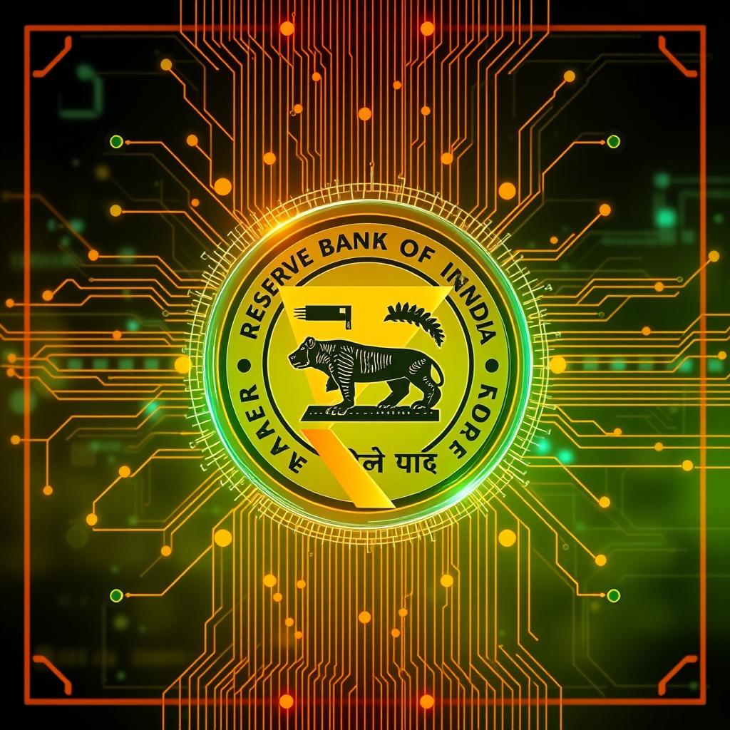 Digital Rupee concept showing Reserve Bank of India logo and rupee symbols in digital format