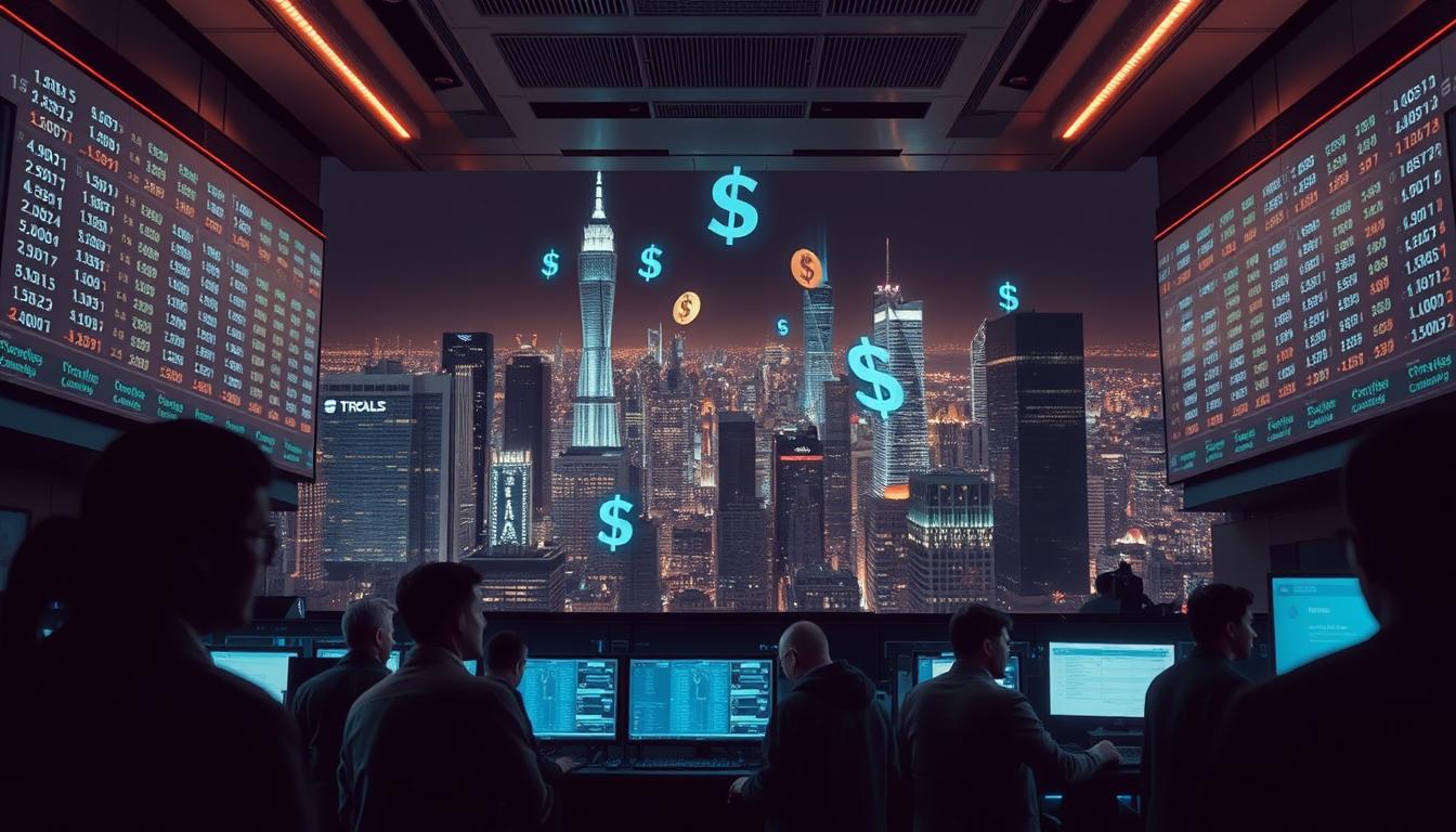 A dimly lit, high-tech financial exchange floor, illuminated by the soft glow of digital displays. In the foreground, a cluster of traders intently monitoring real-time exchange rate data, their expressions reflecting the tension of the markets. In the middle ground, holographic projections of national currencies hover, their values fluctuating dynamically. The background is a panoramic view of a futuristic cityscape, where towering skyscrapers and gleaming infrastructure symbolize the global interconnectedness of the financial system. The scene conveys a sense of the profound impact that the emergence of Central Bank Digital Currencies (CBDCs) will have on the complex mechanics of exchange rate dynamics in the not-so-distant future.