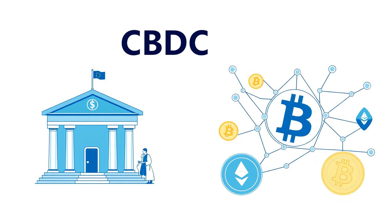 Digital currencies concept showing CBDCs vs. Cryptocurrency comparison