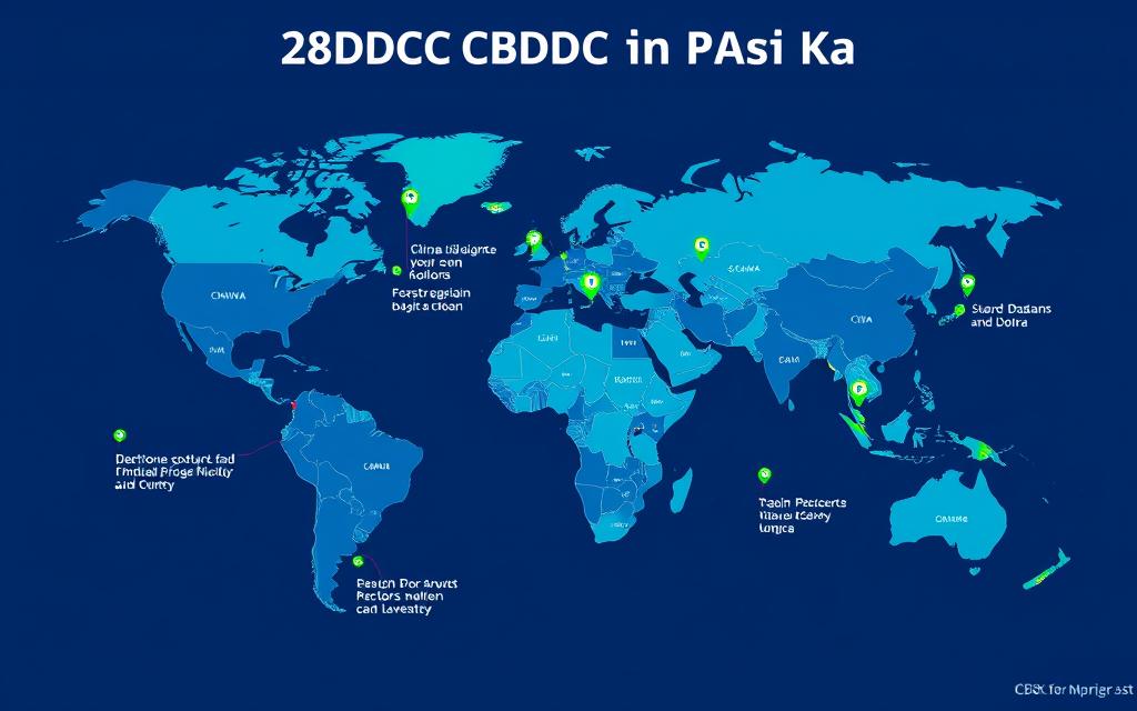World map showing global CBDC initiatives in banking systems across different countries