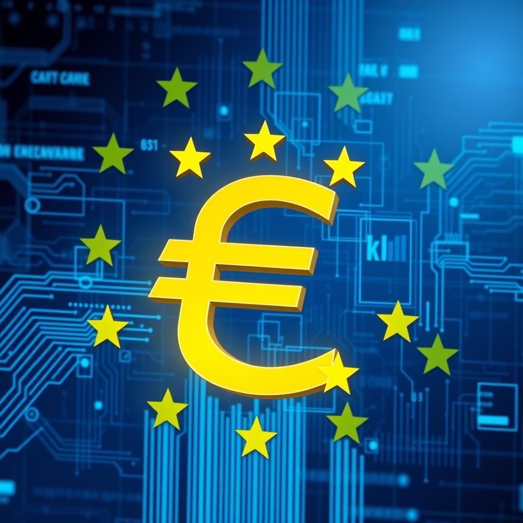 Digital Euro concept showing ECB logo and euro currency symbols in digital format