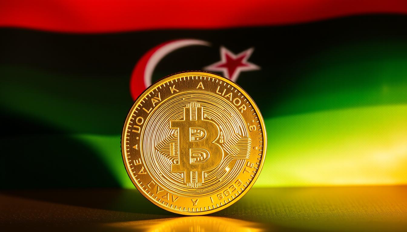 A sleek, gold Libyan dinar coin set against a backdrop of the Libyan flag, its colors of green, black, and red signifying the nation's strength and resilience. The coin is illuminated by warm, directional lighting, casting dynamic shadows and highlights that accentuate its intricate, detailed design. The overall composition conveys a sense of solidity, stability, and economic might, reflecting the Libyan dinar's position as one of the most powerful currencies in Africa.