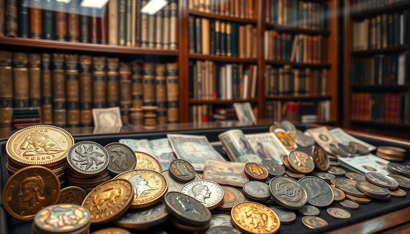A high-resolution photograph of an ornate wooden display case showcasing a stunning collection of numismatic collectibles. In the foreground, a selection of ancient and rare coins, from gleaming gold Krugerrands to intricate silver denarii, are carefully arranged under soft, warm lighting that highlights their intricate designs. In the middle ground, antique currency from around the world, such as colorful banknotes and weathered, historical tokens, are elegantly displayed. The background features a rich, mahogany-toned bookshelf filled with reference books and catalogs, conveying a sense of scholarly expertise and a passion for the art of coin collecting.