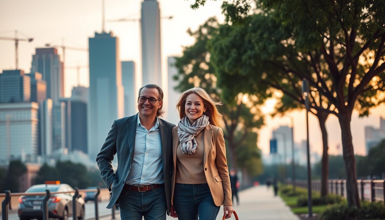 A thriving urban skyline at dusk, with skyscrapers and cranes casting long shadows across a bustling financial district. In the foreground, a well-dressed couple confidently strides down a tree-lined sidewalk, their expressions radiating satisfaction and success. Warm, golden lighting illuminates their faces, symbolizing the prosperity they have achieved through thoughtful financial planning and diversification. The background is hazy, with a sense of depth and motion, conveying the dynamic and ever-changing nature of the financial world. The overall scene exudes a feeling of optimism, security, and the realization of long-term goals.