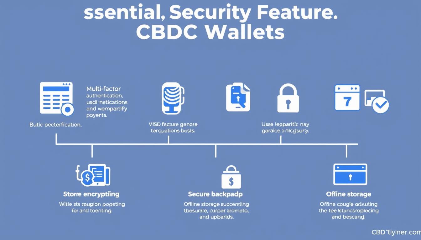 Security features diagram for CBDC wallets showing encryption, authentication, and backup methods