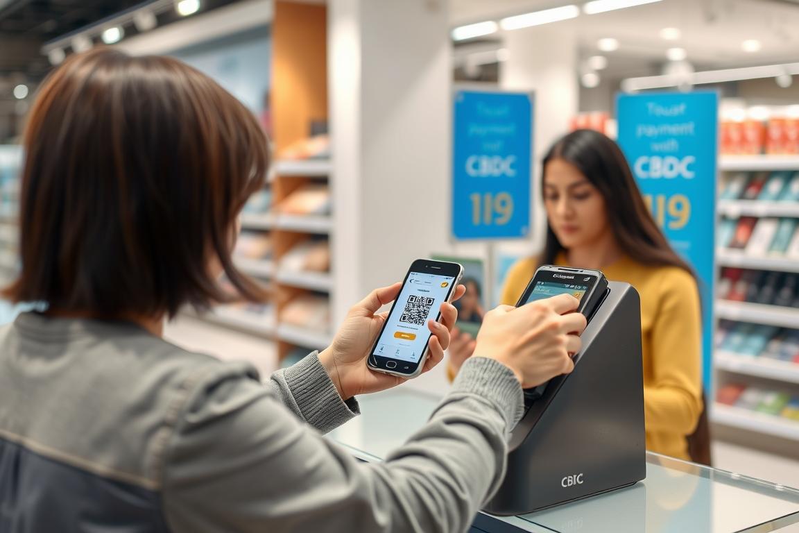 Person making a payment using a CBDC app at a retail store