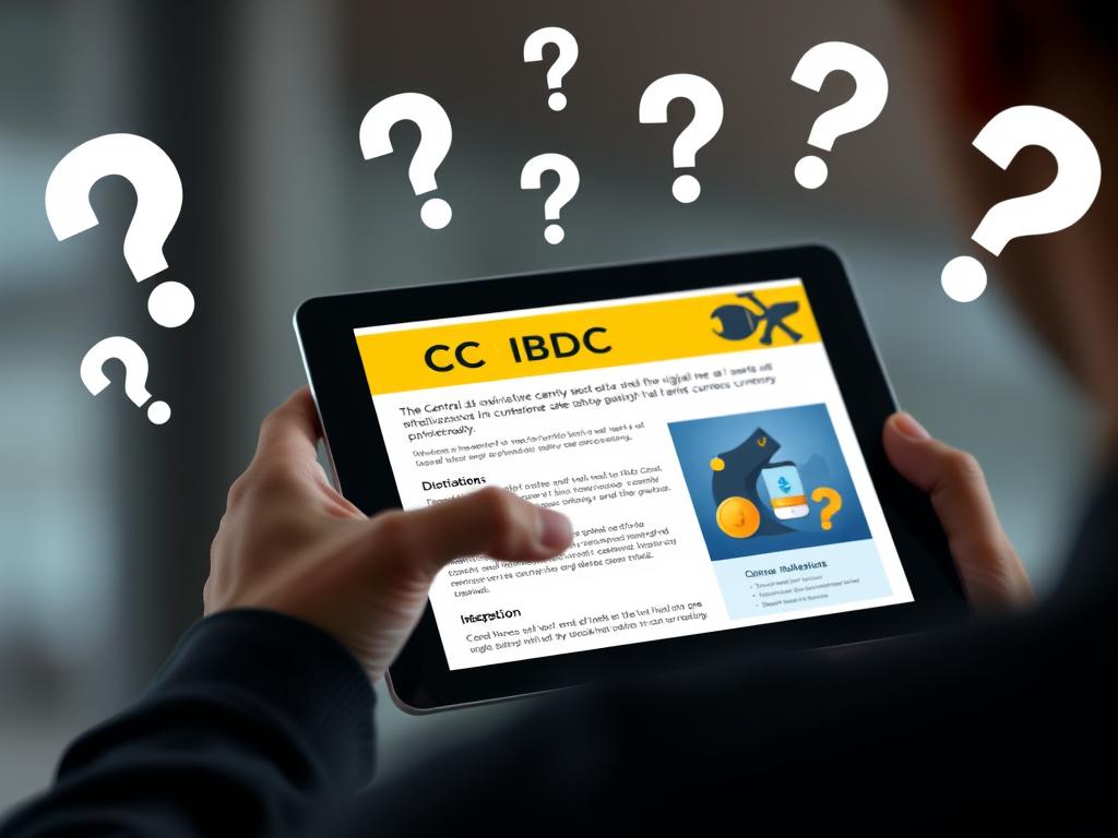 Person looking at CBDC information on a tablet with question marks