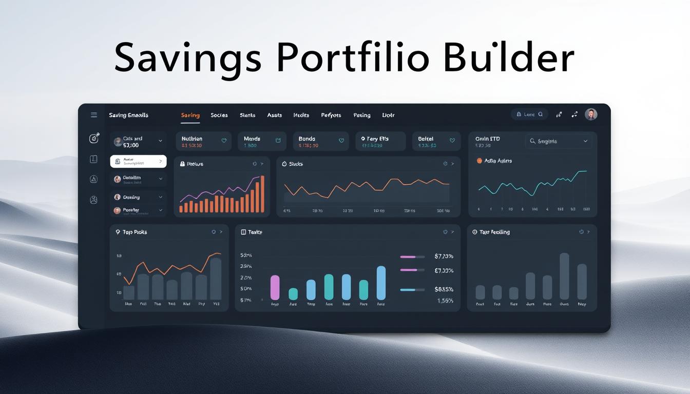 Savings Portfolio Builder: a sleek, minimalist digital dashboard showcasing various investment instruments and their performance. The foreground features a clean, intuitive interface with interactive graphs, charts, and sliders. The middle ground displays a diversified portfolio of assets including stocks, bonds, and ETFs. The background depicts a serene, abstract landscape with subtle geometric patterns, conveying a sense of stability and growth. The overall aesthetic is modern, sophisticated, and inviting, with muted tones and elegant typography. Soft, directional lighting accentuates the digital elements, creating a visually compelling and informative representation of a comprehensive savings diversification calculator.
