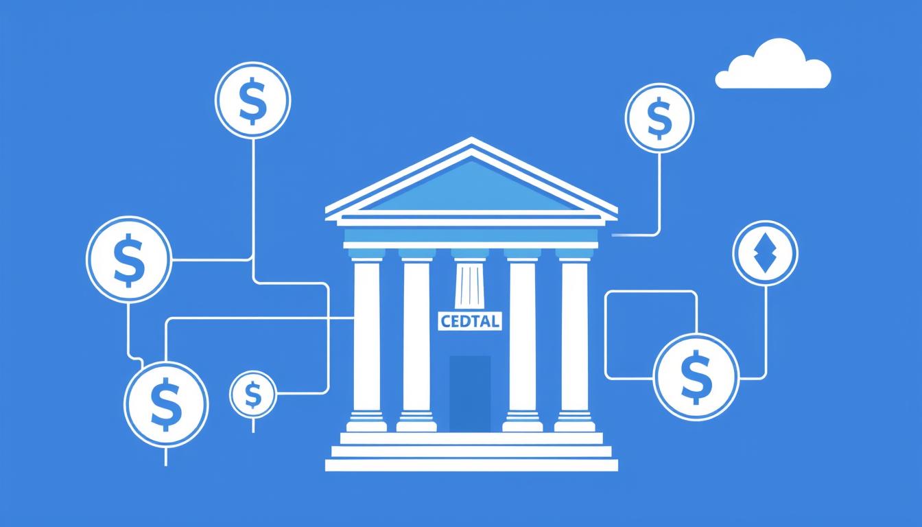 Digital representation of CBDC concept showing central bank connection to digital currency