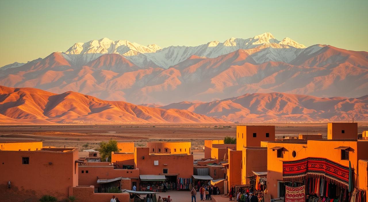Caravana de camellos en el desierto del Sahara al atardecer, Marruecos