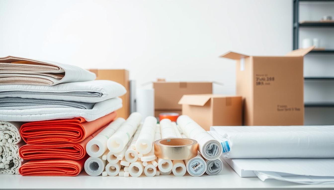 protective packing materials arranged in workspace