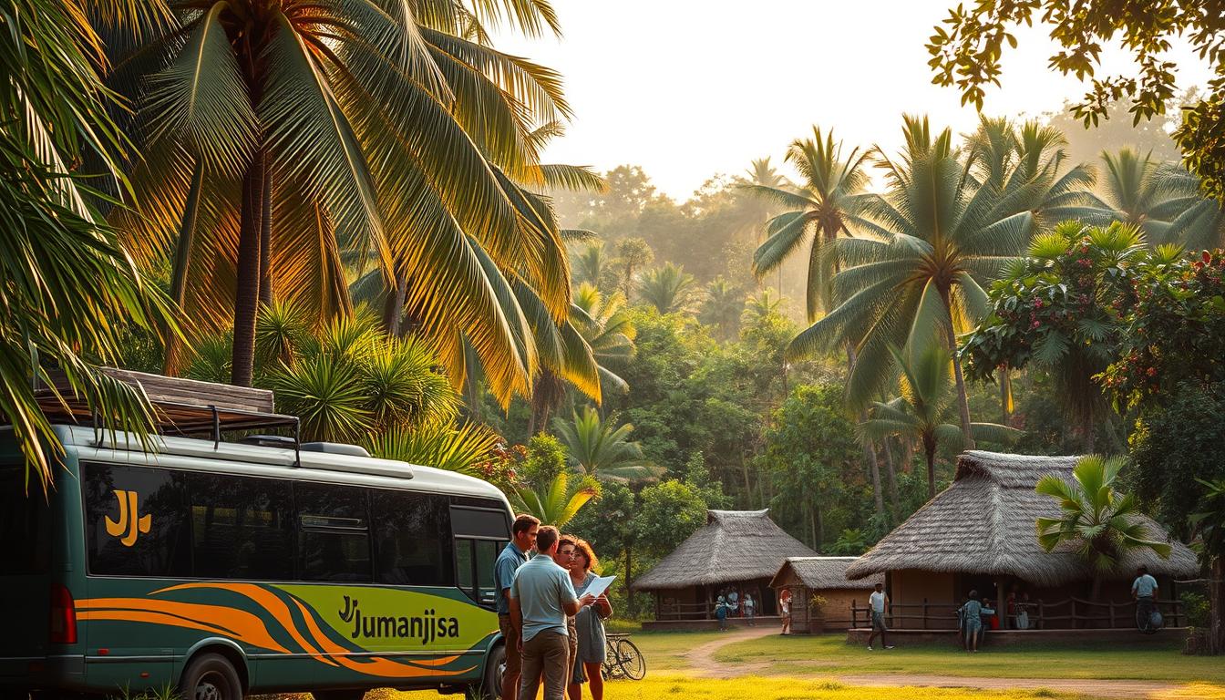A lush jungle backdrop with towering palms and verdant foliage. In the foreground, a group of travelers stand alongside a Jumanjisa-branded tour bus, studying a map and discussing their upcoming Madagascar adventure. The midground features a traditional Malagasy village, with thatched-roof huts and locals going about their daily lives. Warm, golden lighting filters through the canopy, casting a serene, exploratory mood. The scene evokes a sense of anticipation and discovery as the travelers plan their journey through this natural eden.