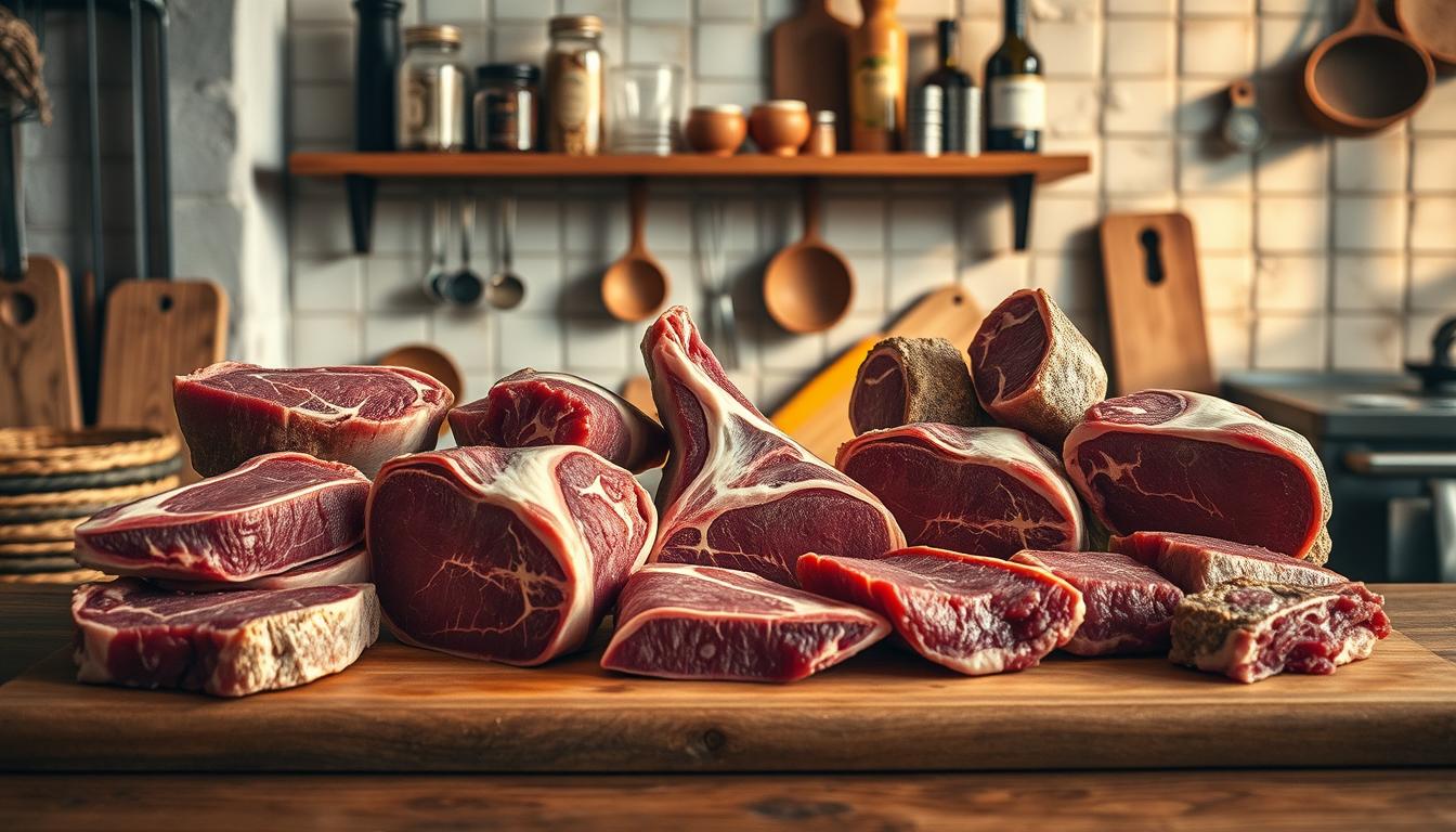 A rustic kitchen setting with various half beef cuts prominently displayed on a wooden cutting board. The cuts are arranged in an organized manner, showcasing their distinct shapes and textures. Warm, natural lighting illuminates the scene, casting soft shadows and highlighting the marbling and color variations of the meat. In the background, a vintage-inspired kitchen wall with simple shelves holding various cooking utensils and spices. The overall atmosphere is one of culinary expertise and appreciation for the quality of the half beef.