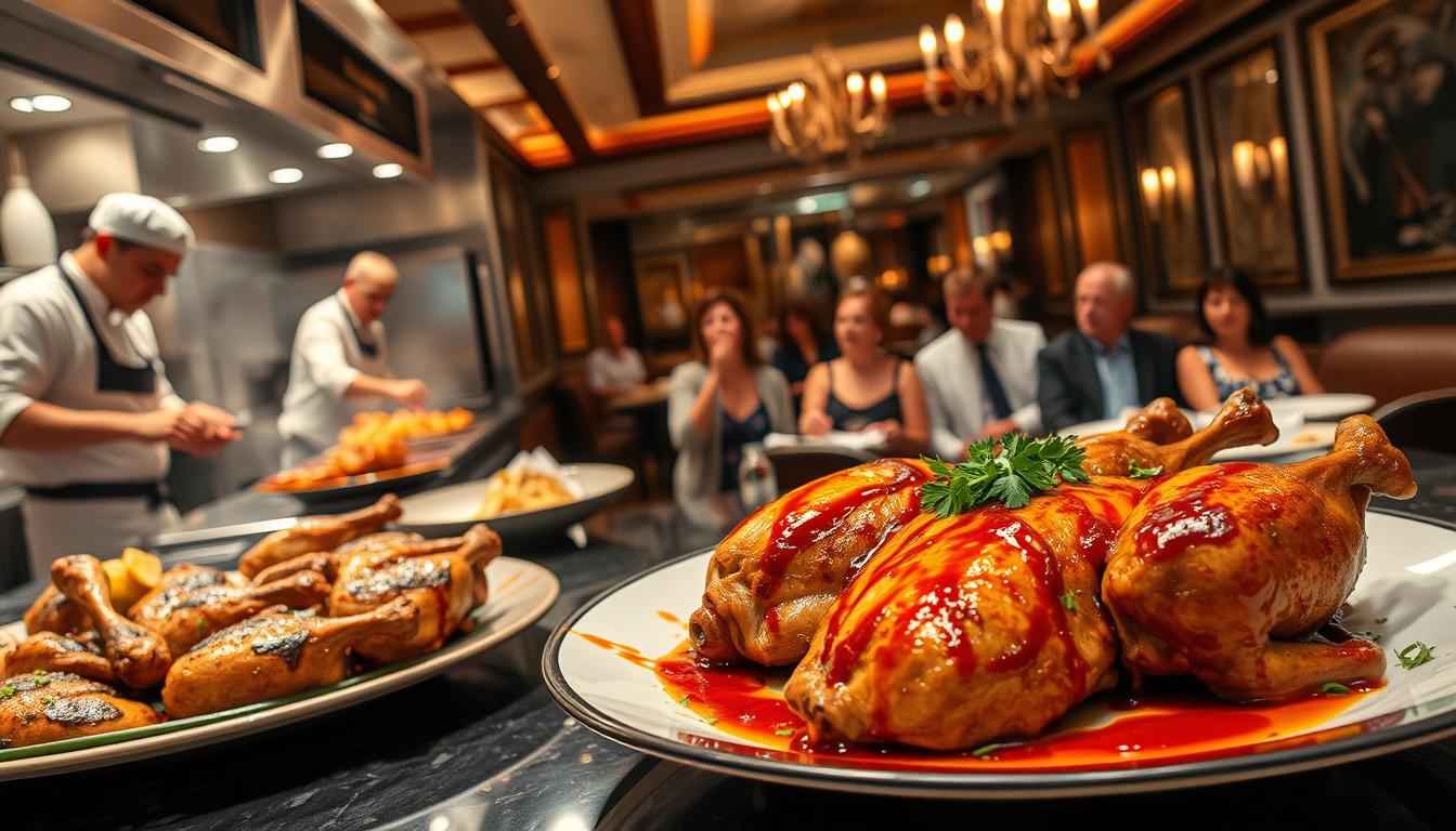 A bustling kitchen filled with the aroma of sizzling Silvestre chicken, as chefs skillfully prepare a variety of culinary creations. In the foreground, a platter of perfectly roasted Silvestre chicken, garnished with fresh herbs and drizzled with a rich, savory sauce. In the middle ground, a group of enthusiastic diners, their faces alight with delight as they savor the unique flavors of the Silvestre chicken. The background showcases a elegantly decorated dining room, with warm lighting and a cozy, inviting atmosphere, setting the stage for an unforgettable culinary experience featuring the renowned Silvestre chicken.
