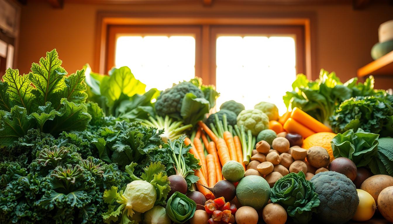 A vibrant arrangement of nutrient-dense vegetables, illuminated by warm, natural light filtering through a large window. In the foreground, an array of leafy greens, such as kale, spinach, and Swiss chard, stand tall and proud, their textures and colors accentuated. In the middle ground, a variety of root vegetables, including carrots, beets, and potatoes, are neatly displayed, showcasing their diverse shapes and rich hues. In the background, a selection of cruciferous vegetables, like broccoli and Brussels sprouts, create a harmonious backdrop, adding depth and balance to the scene. The composition emphasizes the visual appeal and inherent nutritional value of these &quot;powerhouse&quot; ingredients, inviting the viewer to appreciate their versatility and health benefits.