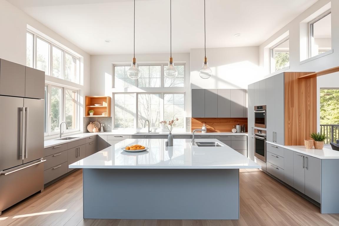 A contemporary American kitchen, flooded with natural light from large windows. The sleek, minimalist design features a central island with a quartz countertop, seamlessly integrated appliances, and clean-lined cabinetry in a muted color palette. Warm wooden accents and subtle pendant lighting create a cozy, inviting atmosphere. The kitchen flows effortlessly into an open-concept living space, reflecting the evolution of American home design towards more integrated, multipurpose living areas.
