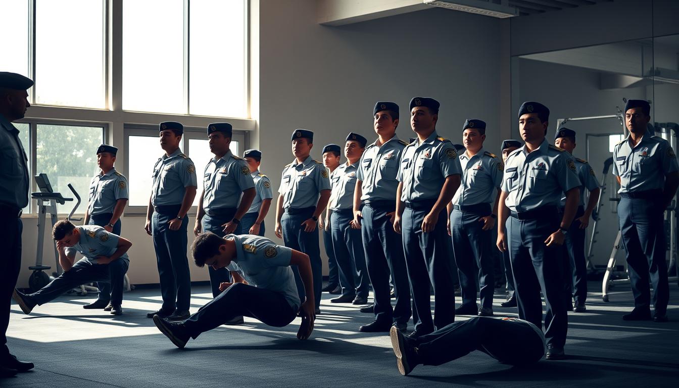 A squad of CID AP Home Guards standing at attention, undergoing rigorous physical fitness testing in a well-equipped gymnasium. Natural lighting floods the scene, casting dramatic shadows as the officers perform pushups, sit-ups, and sprints under the watchful eye of a training instructor. The guards wear crisp, tailored uniforms with the CID insignia, their faces determined as they push their bodies to the limit. The background features a clean, minimalist space with modern exercise equipment, projecting a sense of professionalism and discipline. An atmosphere of intense focus and dedication pervades the scene, capturing the essence of the CID AP Home Guard's commitment to physical excellence.
