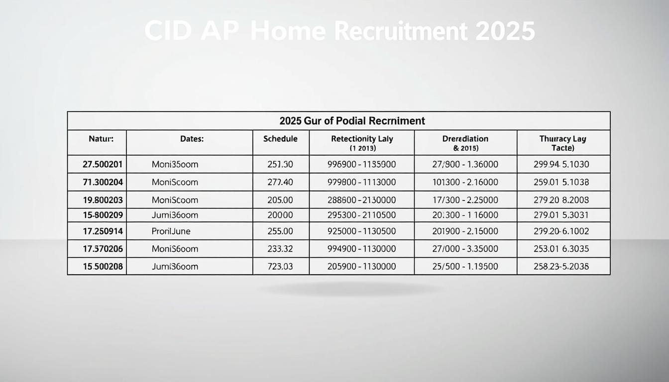 A detailed and professional-looking table displaying the important dates and schedule for the CID AP Home Guard Recruitment 2025, set against a clean, minimalist background. The table should feature clean lines, modern typography, and a color scheme that is visually appealing and easy to read. The overall aesthetic should convey a sense of authority, organization, and attention to detail, suitable for an official government recruitment announcement. The table should be the focal point of the image, with subtle lighting and depth of field to draw the viewer's eye. The background should be slightly blurred to keep the focus on the key information presented in the table.