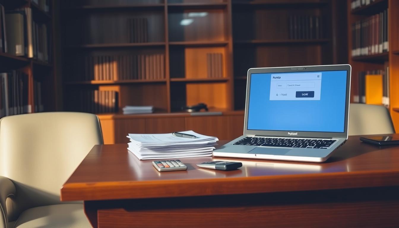 A dimly lit office interior, with a sturdy wooden desk in the foreground. On the desk, a laptop displays an online payment portal, its screen illuminated by soft lighting. In the middle ground, a stack of official-looking documents sits neatly, alongside a pen and calculator. The background features bookshelves lining the walls, casting warm shadows across the scene. The overall atmosphere is one of focused professionalism, reflecting the process of application fee payment for the CID AP Home Guard Recruitment 2025.