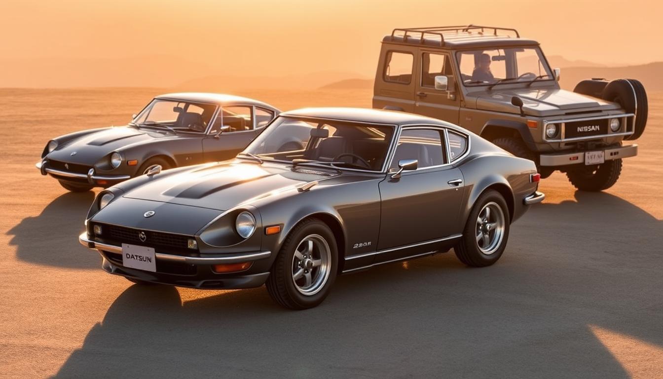 The Rise of Nissan From Humble Beginnings to Global Automotive Powerhouse - EconoMix Plus A breathtaking collection of iconic Nissan models, each a testament to the brand's engineering prowess and design flair. In the foreground, the sleek and aerodynamic EconoMix Plus, its bold curves and distinctive grille commanding attention. Behind it, the legendary Datsun 240Z, its long hood and fastback silhouette evoking the golden age of Japanese automotive design. In the background, the rugged and capable Nissan Patrol, its imposing presence a symbol of Nissan's off-road dominance. The scene is bathed in warm, golden light, creating a nostalgic and timeless atmosphere that perfectly captures the enduring legacy of these iconic Nissan models.