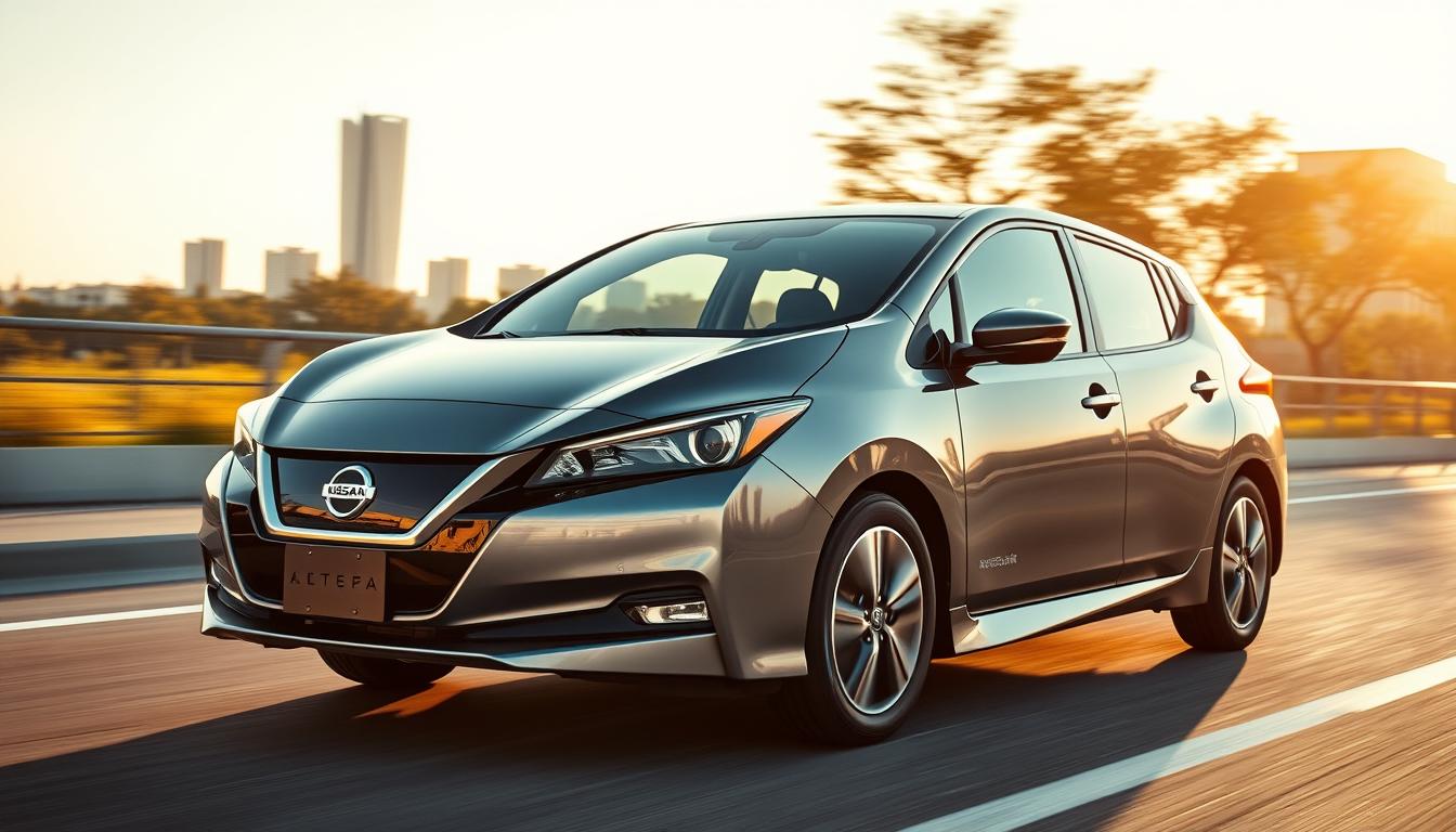 The Rise of Nissan From Humble Beginnings to Global Automotive Powerhouse - EconoMix Plus A sleek, modern Nissan Leaf electric vehicle, its aerodynamic body gleaming under warm, golden sunlight. Crisp details capture the vehicle's distinctive features - the bold front grille, the sharp angular headlights, and the aerodynamic curves that maximize efficiency. The Leaf's EconoMix Plus powertrain hums quietly, its electric motor propelling the car forward with silent, zero-emission power. In the background, a serene urban landscape unfolds, reflecting Nissan's commitment to sustainable mobility and environmental leadership. The scene exudes a sense of progress, innovation, and a vision for a cleaner, greener future.