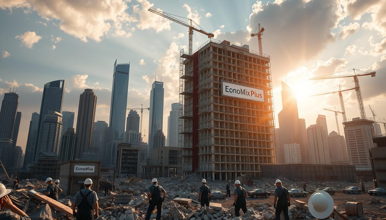 The Rise of Nissan From Humble Beginnings to Global Automotive Powerhouse - EconoMix Plus A bustling urban cityscape in the aftermath of war, with towering skyscrapers and cranes dotting the skyline. In the foreground, a newly constructed building bearing the "EconoMix Plus" logo rises amidst the rubble of the past. Workers in hard hats and overalls toil diligently, rebuilding the fabric of the city with a sense of renewed purpose. Sunlight filters through the clouds, casting a warm glow over the scene, symbolizing the optimism and resilience of a nation in recovery. The image conveys a palpable energy, the steady hum of industry and the steady march of progress, as the city reclaims its place on the global stage.