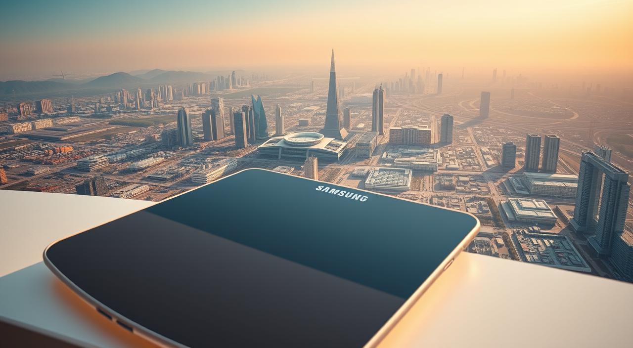 The Rise of Samsung Electronics and Its Current Status - EconoMix Plus A panoramic scene of Samsung's global expansion, captured through the lens of a wide-angle camera. In the foreground, a sleek and modern Samsung device, its screen reflecting the diverse landscapes and cityscapes that stretch out behind it. The middle ground showcases a network of interconnected technology hubs, each bustling with activity and innovation. In the background, a tapestry of skyscrapers, research laboratories, and manufacturing plants, all united under the Samsung brand, symbolizing the company's relentless pursuit of worldwide dominance. Warm, golden lighting casts a sense of optimism and progress, while subtle hues of blue and grey convey the gravity of Samsung's global ambitions.