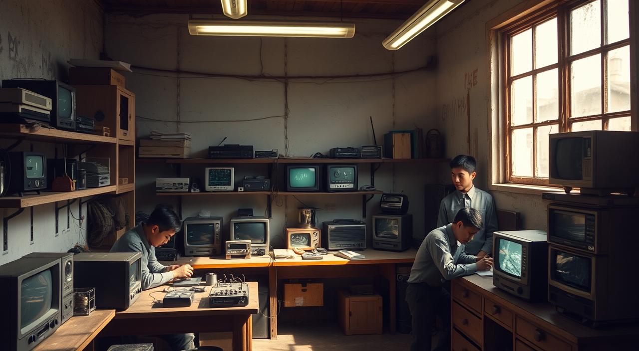 The Rise of Samsung Electronics and Its Current Status - EconoMix Plus A humble electronics workshop in a small South Korean town, the birthplace of Samsung Electronics. Bright fluorescent lights illuminate a modest workbench where engineers tinker with early transistor radios and televisions. Shelves on the walls display a few prototype products, hinting at the company's future innovations. The atmosphere is one of quiet determination, as the team works tirelessly to bring their technological dreams to life. Soft sunlight streams through a grimy window, casting a warm glow over the scene and suggesting the dawn of a new era for this fledgling enterprise. The image conveys the modest origins and unwavering spirit that would one day propel Samsung to global dominance.